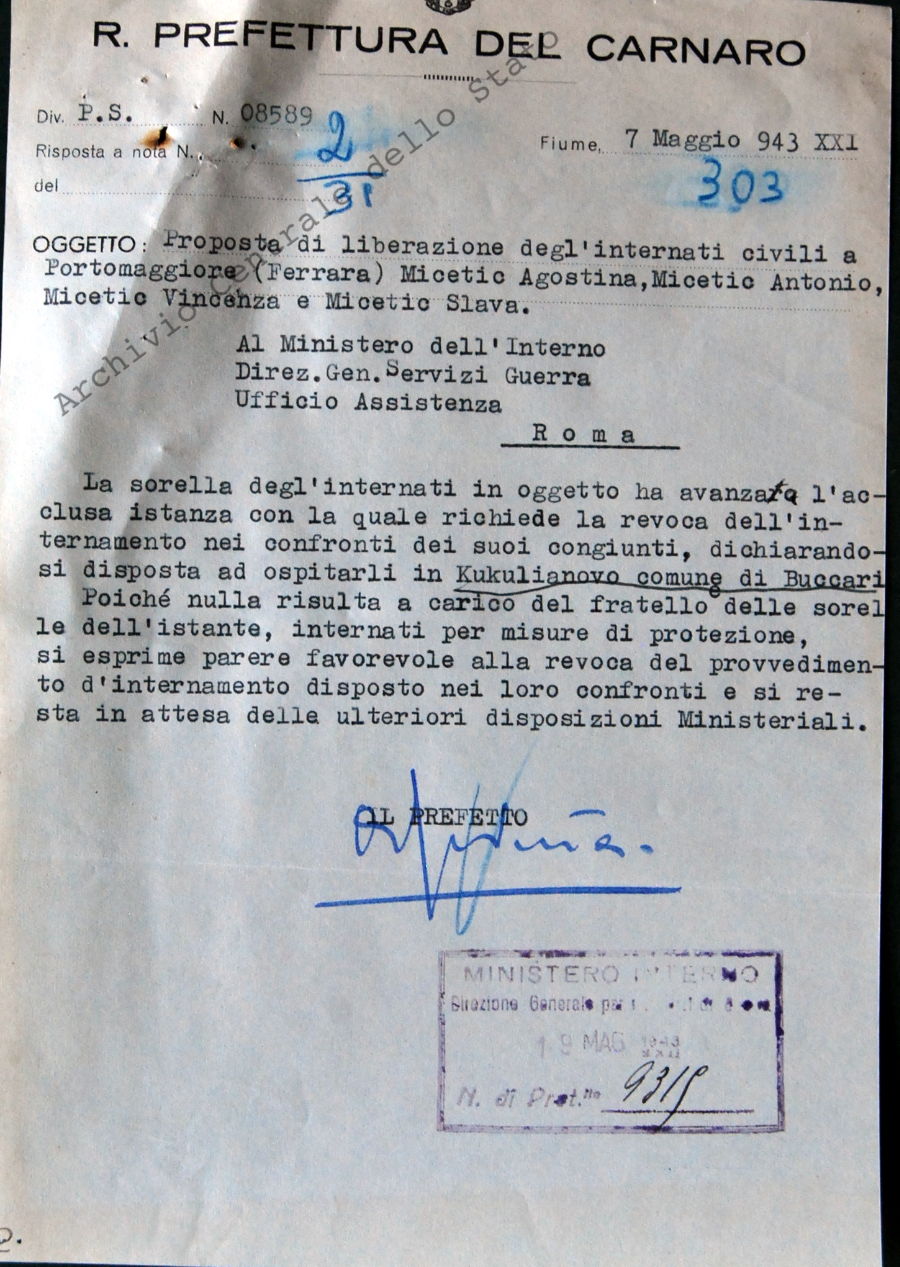 Proposta di liberazione degli internati civili a Portomaggiore Micetic Agostina e altri.