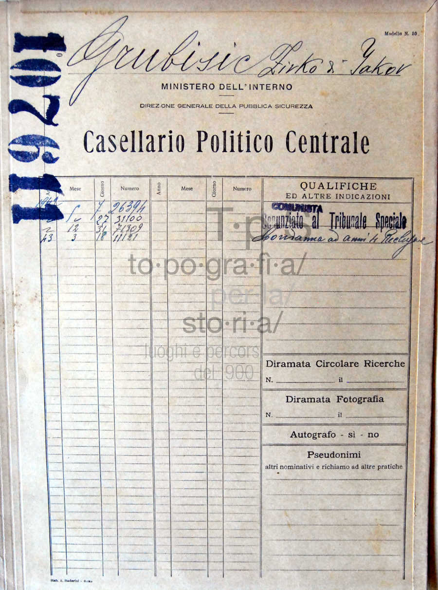 Casellario politico centrale - Fascicolo Grubišič Zivko
