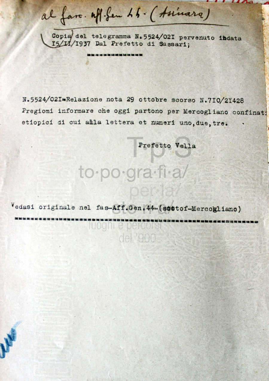 Copia telegramma partenza confinati etiopici per Mercogliano