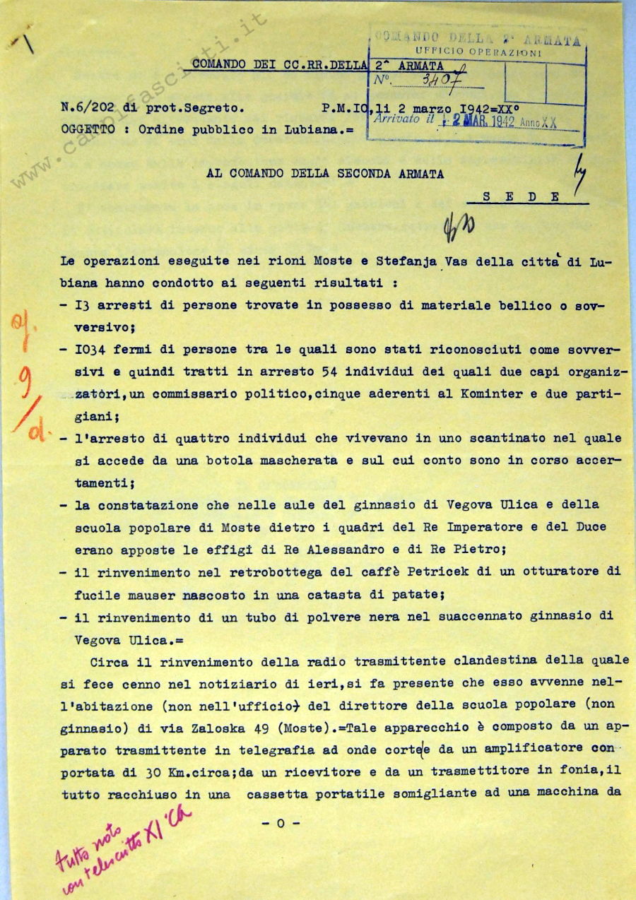 Ordine pubblico in Lubiana. Rapporto dei CC. RR del 2 marzo 1942