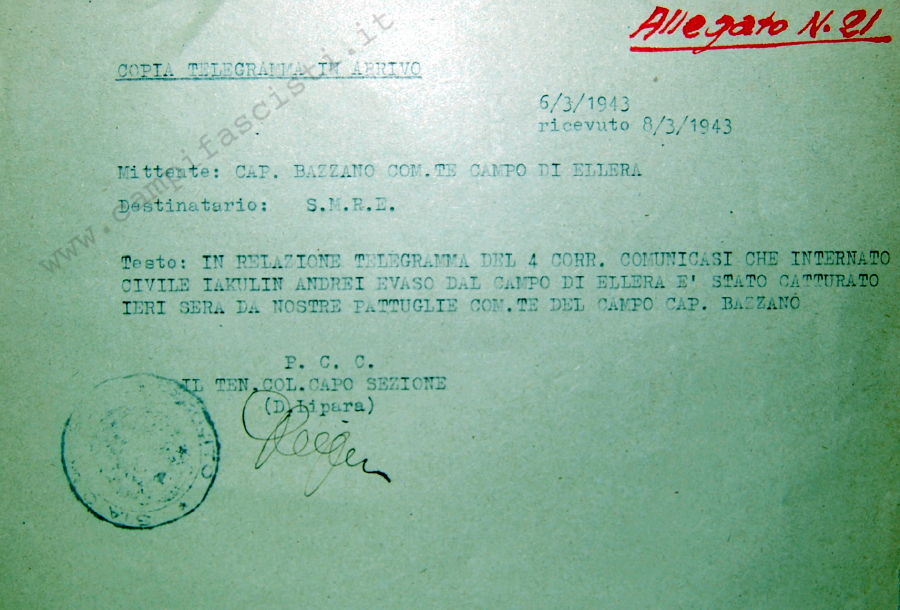 Telegramma cattura internato civile evaso dal campo concentramento di Ellera