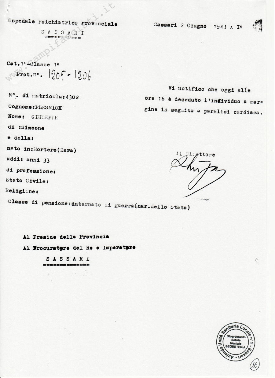 Notifica decesso di Pleslić (Plesmick) Giuseppe