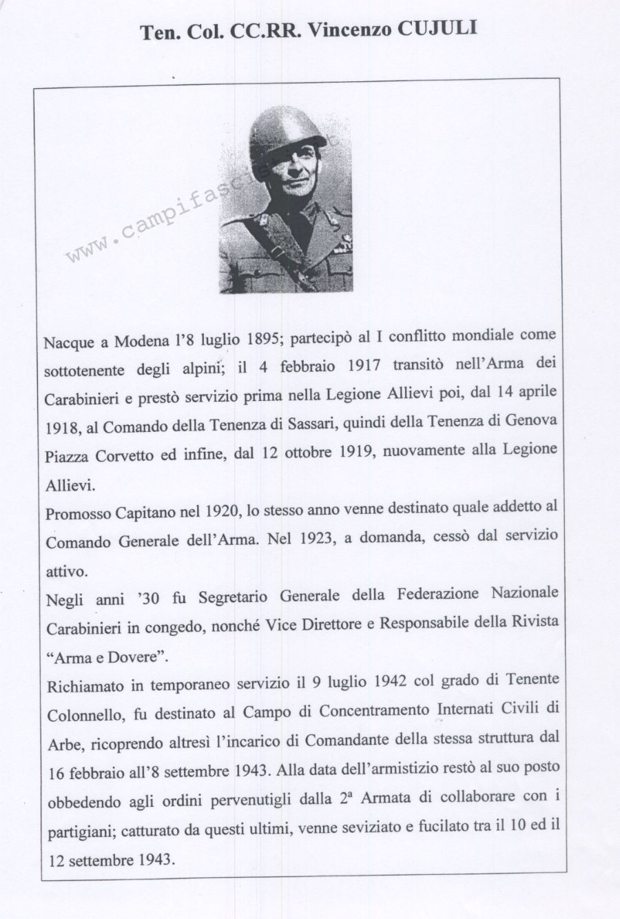 Scheda biografica del tenente colonnello Vincenzo Cujuli, comandante del campo di concentramento di Rab