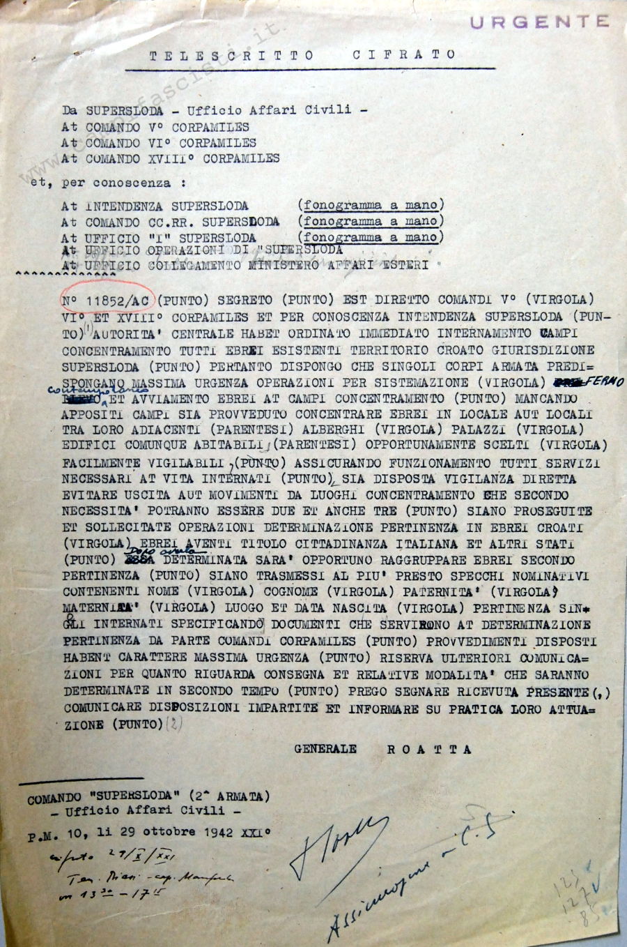 Ordine di internamento ebrei territorio croato di giurisdizione della II Armata