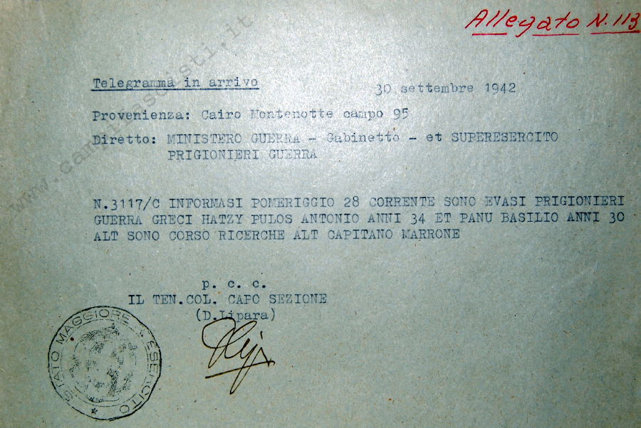 Telegramma evasione prigionieri di guerra greci dal campo pg. n. 95 di Cairo Montenotte