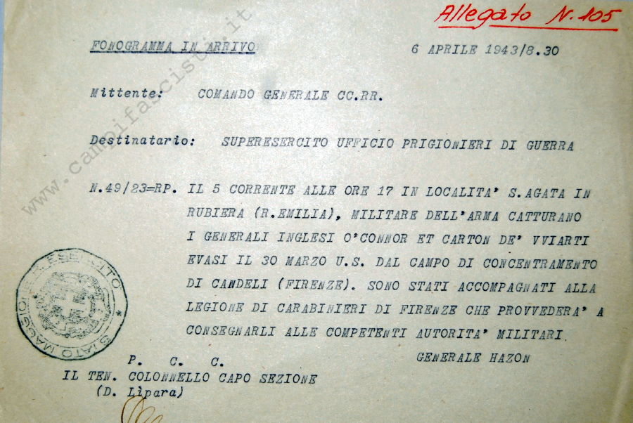 Telegramma cattura generali prigionieri di guerra fuggiti dal campo di concentramento di Candeli