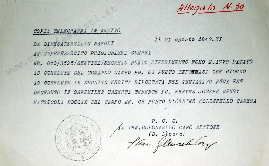 Telegramma decesso prigioniero di guerra campo pg. n. 66 