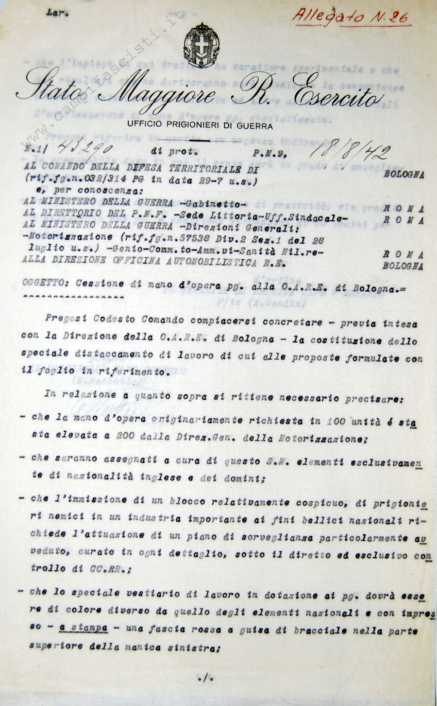 Cessione di mano d'opera prigionieri di guerra alla O.A.R.E. di Bologna