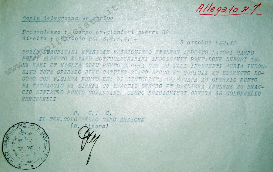 Telegramma evasione prigioniero di guerra campo n. 68 (Vetralla)